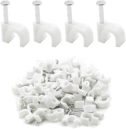 Flat Ethernet Cable Wire Clips with Nail, 14mm, White | Single Coaxial Cable Clamps, Cable Management