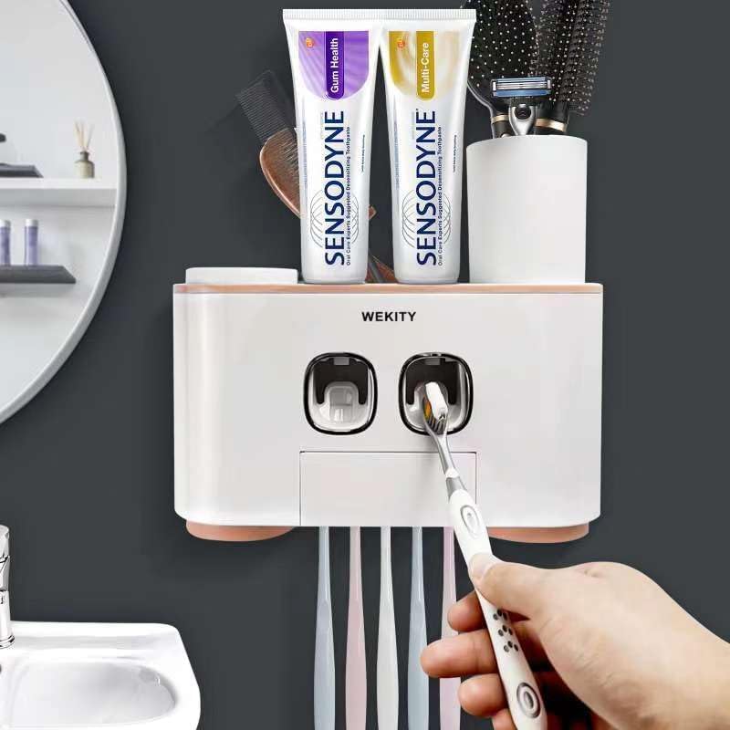 Toothbrush Holder Wall Mounted, WEKITY Multi-Functional Toothbrush and Toothpaste Dispenser for Bathroom, with 5 Toothbrush Slots, 2 Toothpaste Squeezers and 4 Cups(Grey)