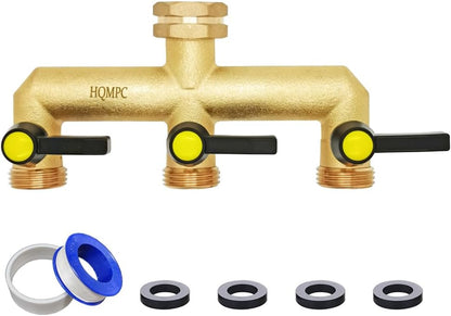 HQMPC Hose Splitter Garden Hose 3 Way Valve Brass Hose Splitter with Solid Long Handle Hose Spigot Splitter 3 Way Valve 3/4" GHT Thread