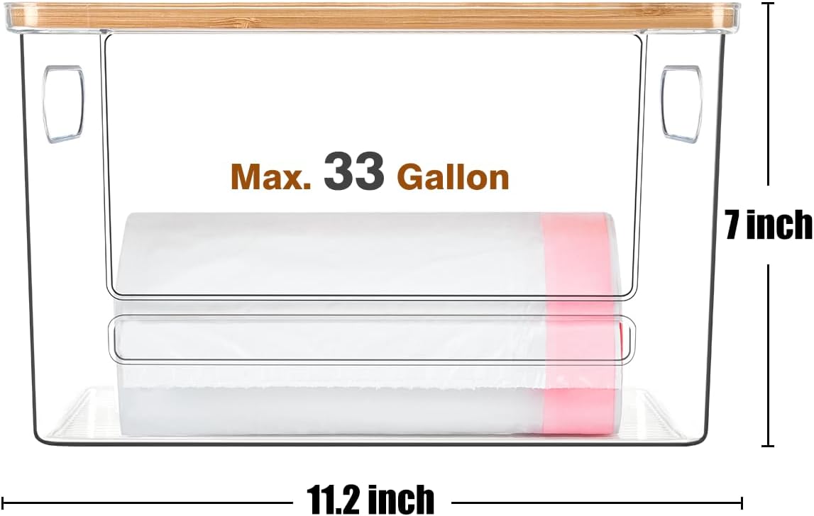 Trash Bag Dispenser 2 Pack - Under Sink Organizer, Plastic Bag Holder, Stackable Acrylic Garbage Bag Storage with Bamboo Lid for Kitchen Cabinet, 13/30/33 Gallon Grocery Bag Dispenser