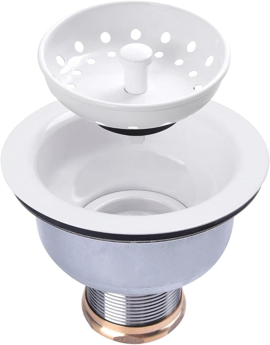 3-1/2 Deep Cup Kitchen Sink Drain Assembly, 304 Stainless Steel Construction With Fixed Post Basket and Long Extended Shank/CAS Approved and White Finish