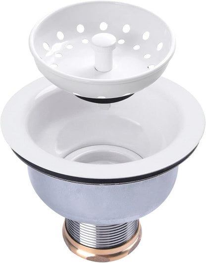 3-1/2 Deep Cup Kitchen Sink Drain Assembly, 304 Stainless Steel Construction With Fixed Post Basket and Long Extended Shank/CAS Approved and White Finish