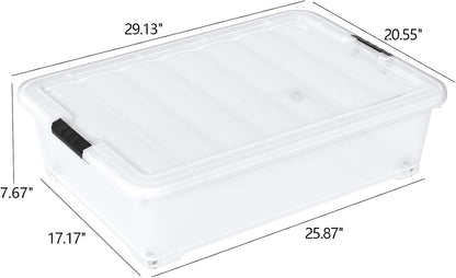 40 Quart Plastic Clear Underbed Storage Bin with Wheels, 3 Packs | Stackable Large Flat Under Bed Organization Boxes with Lids