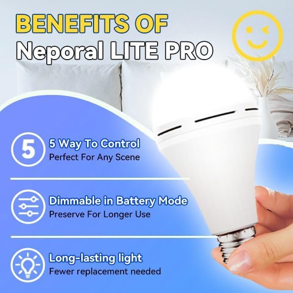 Neporal 4 Pack Emergency-Rechargeable-Light-Bulb, Stay Lights Up When Power Failure, 1500mAh 15W 80W Equivalent LED Light Bulbs for Home, Camping, Tent (E27, with Hook) (Daylight)