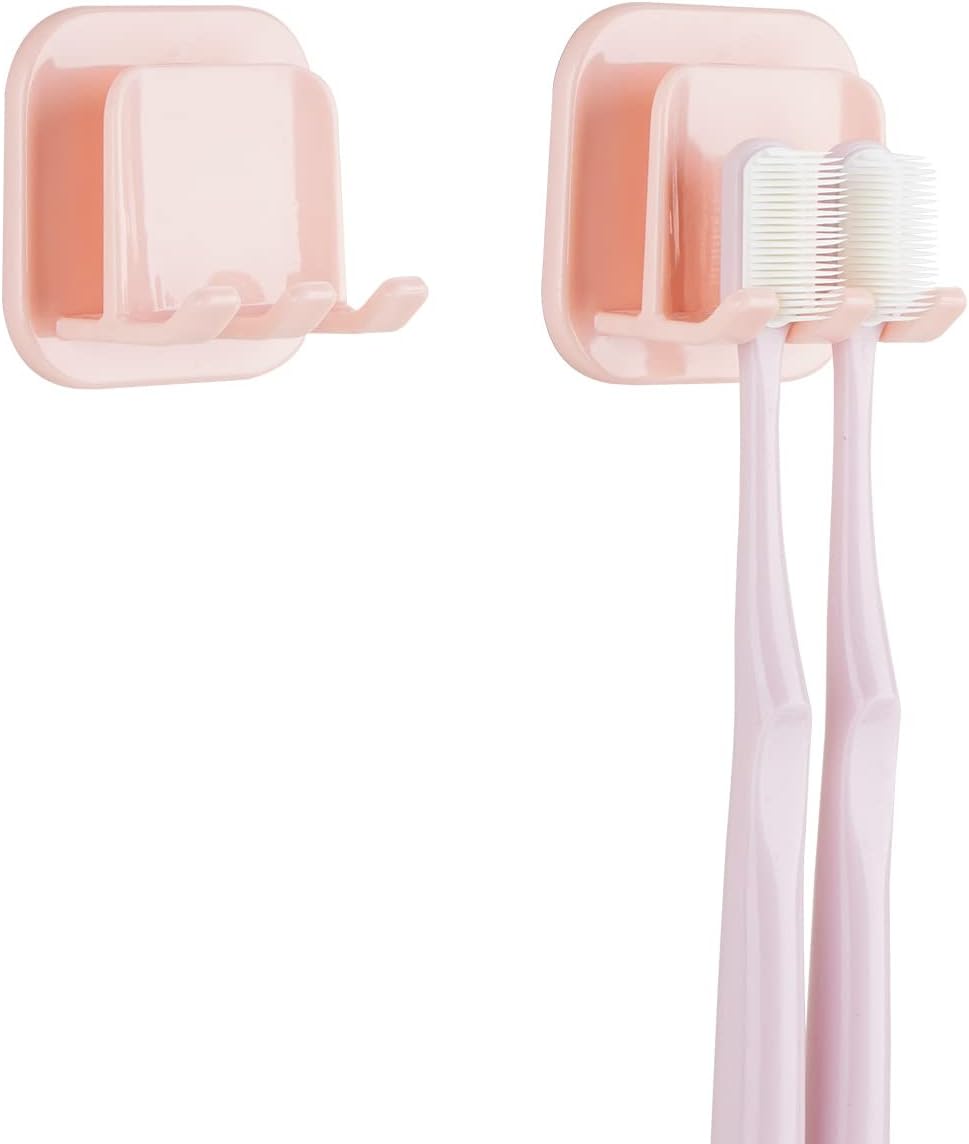 2 PCS Self-Adhesive Toothbrush Holders Wall Mounted, Water Proof Toothbrush Hook, 3 in 1 with Toothbrush Hanger Toothpaste Holder and Gargle Cup Holder for Bathroom Shower (White)