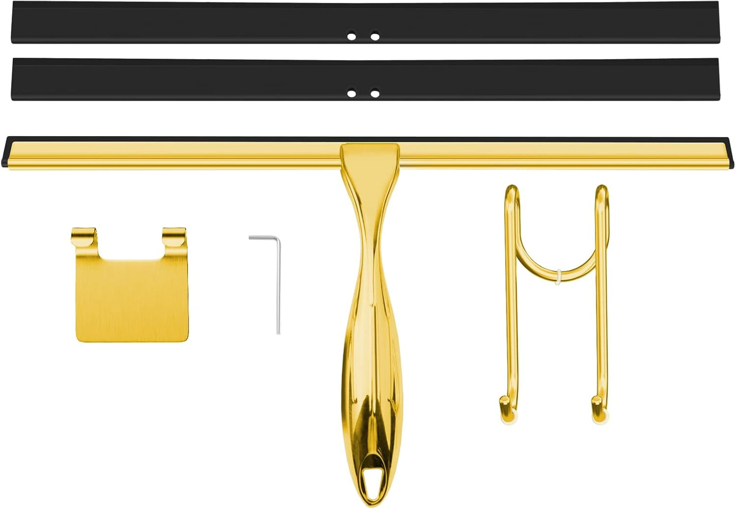 TOOVEM 12 Inch Shower Squeegee for Glass Doors, Window, Bathroom, Car Windshield, Shower Cleaning Tools with S Hook, Square Sticky Hook（Gold）