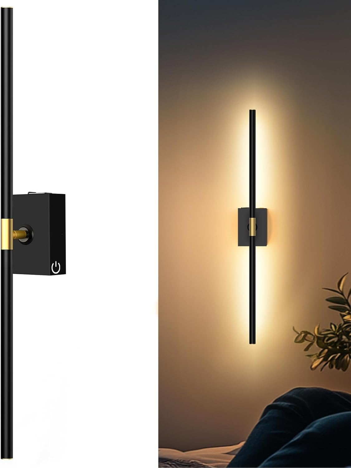 iThird Battery Operated Wall Sconces Set of 2: 10000mAh Rechargeable Wall Lights with Remote Control, 360° Rotate Wireless Wall Scone Decor for TV/Mirror Bedroom Living Room, 31.5 Inch, Black