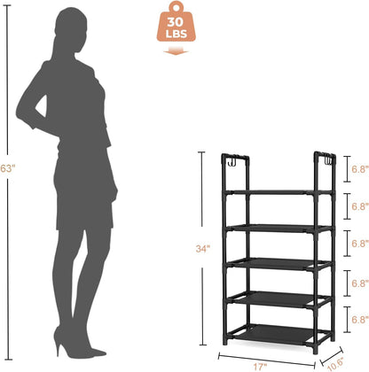 LANTEFUL 10 Tiers Tall Shoe Rack 20-25 Pairs Boots Organizer Storage Sturdy Narrow Shoe Shelf for Entryway, Closets with Hooks, Black