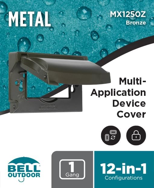 Hubbell-Bell MX1250Z 1-Gang Flip Weatherproof Cover, Universal Metal 12-in-1 Outlet Outdoor Receptacle Protector, Vertical/Horizontal, Bronze