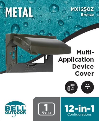 Hubbell-Bell MX1250Z 1-Gang Flip Weatherproof Cover, Universal Metal 12-in-1 Outlet Outdoor Receptacle Protector, Vertical/Horizontal, Bronze