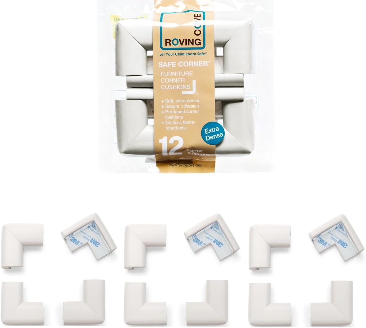 Roving Cove HeftyFit Corner Protector for Baby (4 Large Corners), Heavy-Duty Soft Rubber Foam Furniture Corner Bumper Guards, 3M Adhesive Pre-Taped, Oyster White (Off White)
