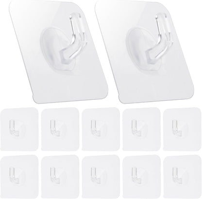 COMNICO 12 Pack Adhesive Hooks Clear Plastic Waterproof Heavy Duty Sticky Wall Ceiling Door Window Pothook Home Kitchen Bathroom Shower Office for Hanging Hat Towel Picture Coats (12)