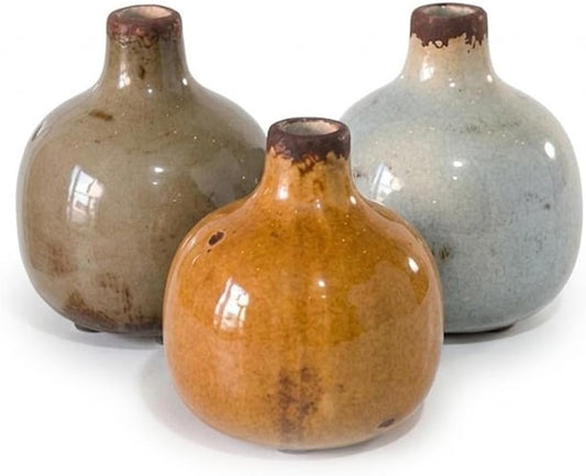 Elanze Designs Mini Ceramic Vase Set, Set of 3 Assorted Bud Vases in Blue, Amber, and Neutral Glaze, Small 3 x 3.75 Inch Decorative Flower Vases for Shelf or Table Décor