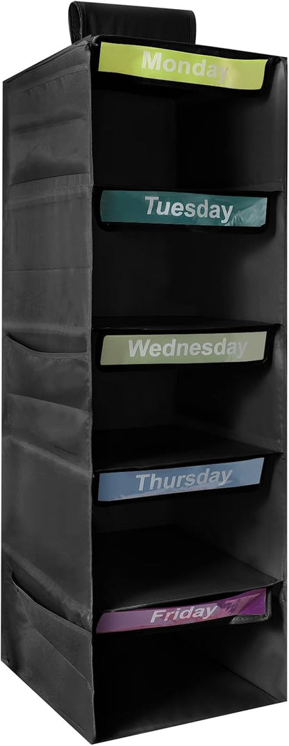 5-Shelf Weekly Clothes Organizer for Kids Days of The Week Hanging Storage Shelves Dorm Room Essential Daily Shelf Hanging Closet Organizer with 6 Side Pockets…