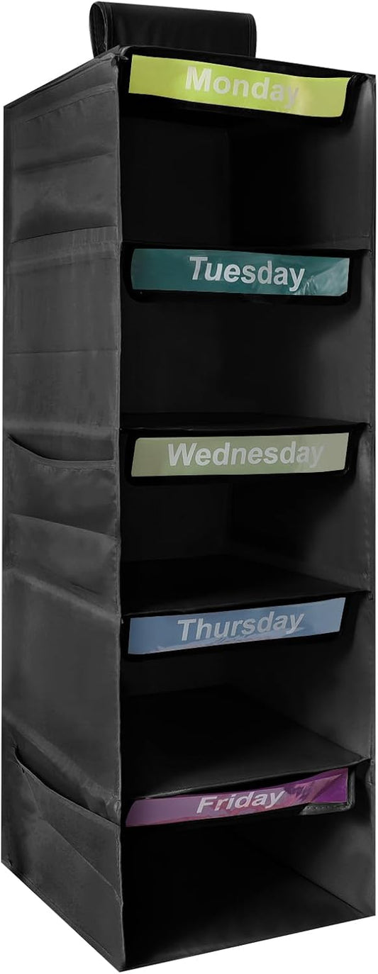5-Shelf Weekly Clothes Organizer for Kids Days of The Week Hanging Storage Shelves Dorm Room Essential Daily Shelf Hanging Closet Organizer with 6 Side Pockets…