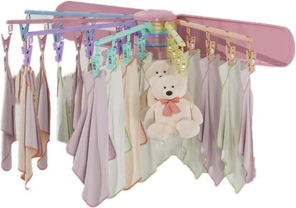 Wall Mounted Clothes Hanger Rack Socks Gloves Towels Drying Rack Space-Saver Laundry Drying Rack Collapsible with 24 Clips for Laundry Balcony Mudroom Bedroom (Multicolor Rotating)