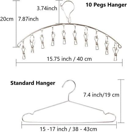 2Pcs Clothes Drying Hanger with 16 Clips, Stainless Steel Sock Air Drying Rack, Windproof Anti-Lost for All Small Laudry Item and Herbs