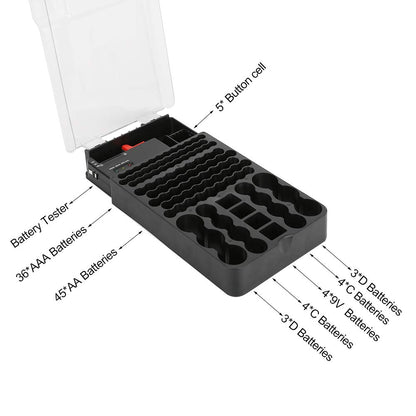 Multifunctional 104 Grids Battery Organizer Case with Tester - Store AAA, AA, C, D, 9V & Button Cells