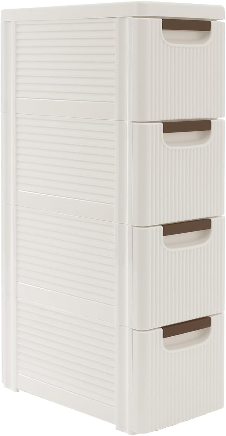 Narrow Storage Deep Cabinet, Space-Saving Mobile Slim Plastic Bathroom Storage Cart, Organizer Cart with Wheels for Office Classroom Bedroom, Easy Assembly & Removable Drawers (4-Tier)