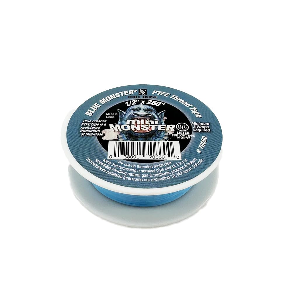 Millrose 70660 Monster Roll PTFE Thread Seal Tape, 1/2-Inch x 260-Inch, Blue | Dense blue PTFE tape seals threaded plumbing connections; 1/2 in width and 260 in length for water, air, and general service.
