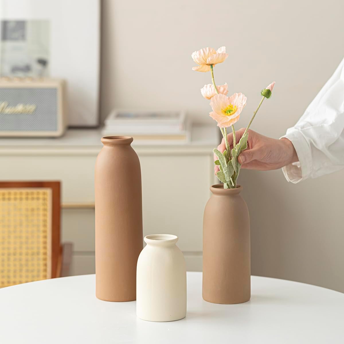 Ceramic Vase Set-3, Small Flower Vases for Decor, Modern Boho Farmhouse Style, Decorative Vases for Pampas Grass & Dried Flowers, Distressed Finish (Beige)