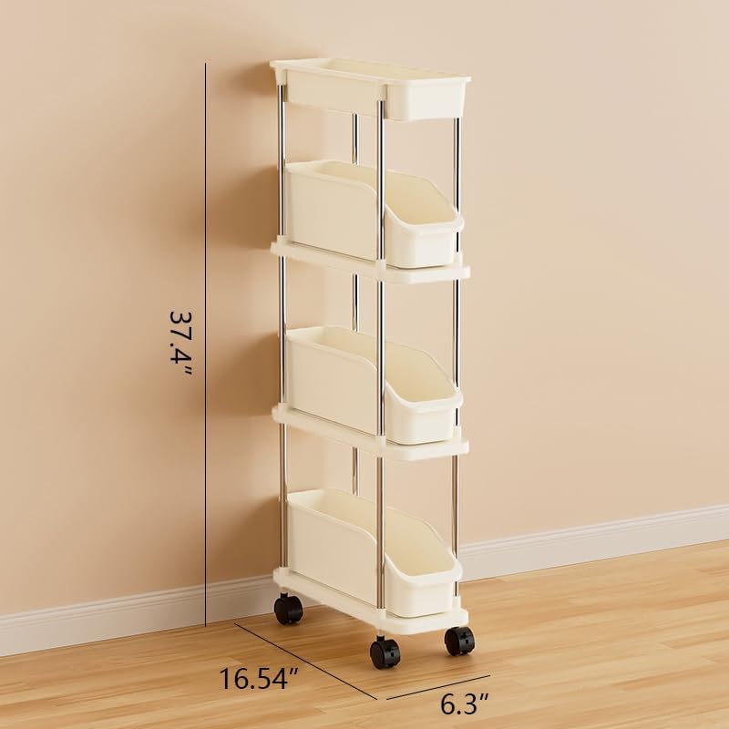 Slim Storage Cart 3 Tier Slim Rolling Utility Cart with Pull-Out Baskets & Wheels for Narrow Space in Kitchen Dining Room Bathroom Laundry Room Cream White (Width 6.3 Inches)