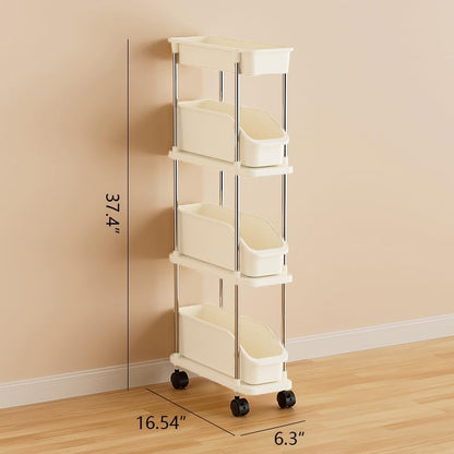 Slim Storage Cart 3 Tier Slim Rolling Utility Cart with Pull-Out Baskets & Wheels for Narrow Space in Kitchen Dining Room Bathroom Laundry Room Cream White (Width 6.3 Inches)