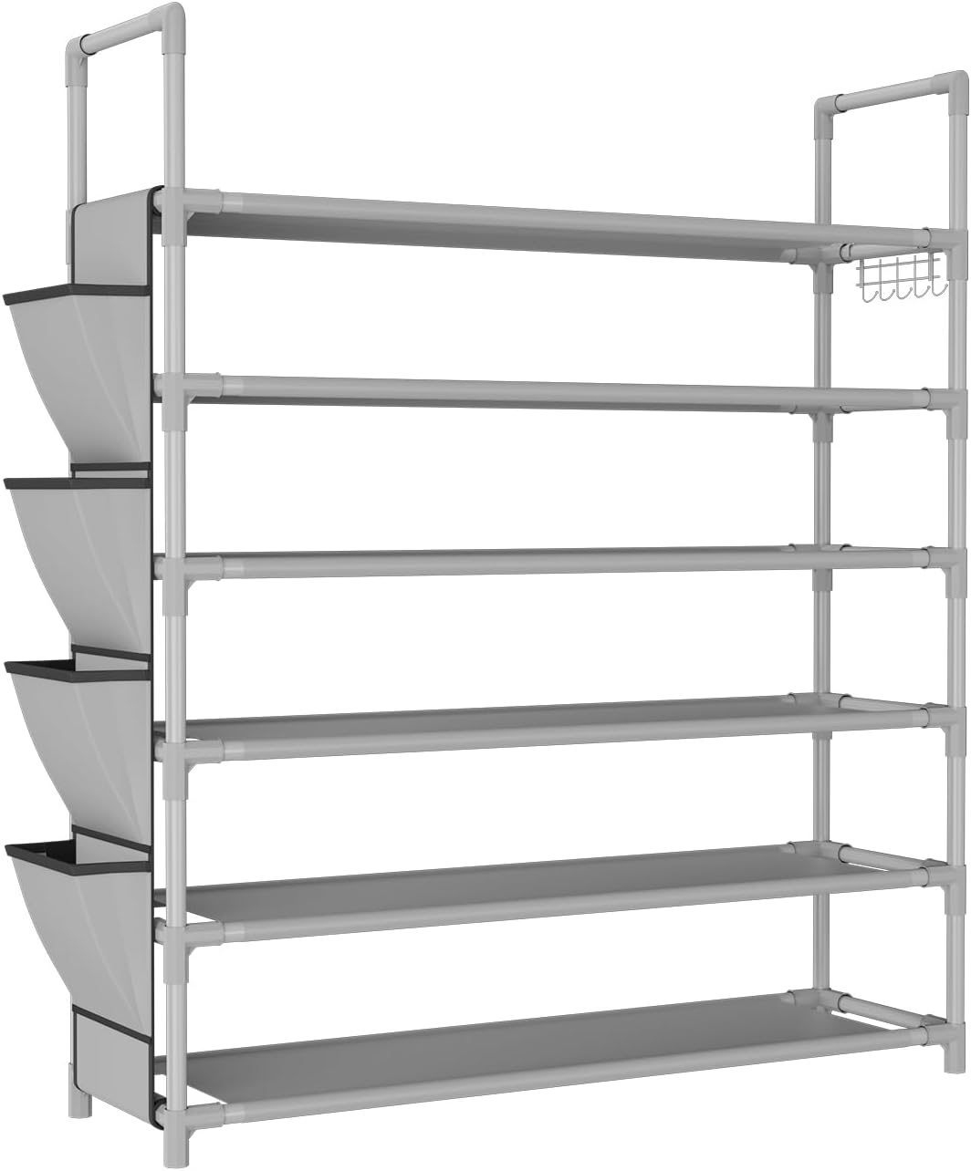 LANTEFUL 6 Tier Shoe Rack Storage for 24-30 Pairs Shoe and Boot, Shoe Organizer with Hook and Side Pocket Free Standing Long Shoe Shelf Tall Shoe Rack Organizer for Closet, Entryway, Dorm, White