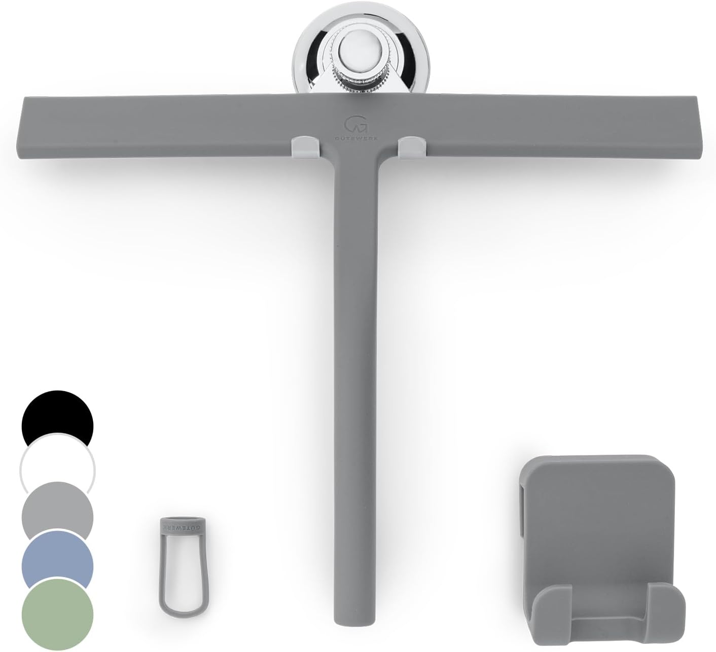 GÜTEWERK Silicone Shower Squeegee for Glass Doors & Mirrors with Stainless Steel Core, Streak-Free & No-Squeak Window Cleaning, 3-in-1 No-Drill Mount (Hook/Suction/Adhesive),White, 9 Inches