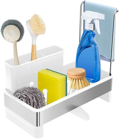 Kitchen Sink Caddy,Sponge Holder for Kitchen Sink with Dish Brush Holder, Auto Drain Tray, Sponge Drain Rack,Stainless Steel Sink Organizer Countertop，Sponge Soap(Grey)