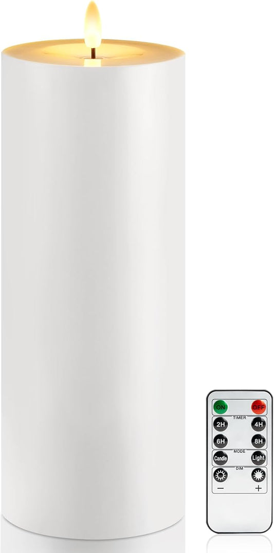 Raycare 3"x2.5" White Outdoor Waterproof Flameless Candles with Remote and Timer, Realistic LED Candles, Battery Operated Electric Fake Pillar Candles for Porch, Patio, Garden, Set of 2