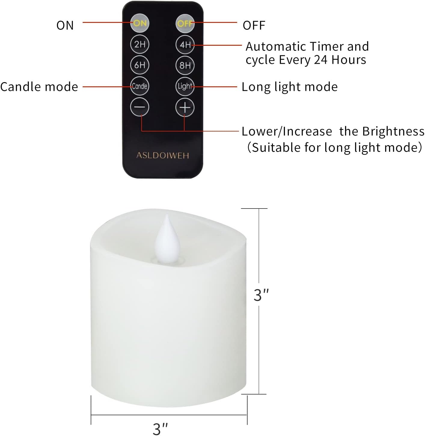 3x3 Flickering Flameless Candles Set of 2, 2AA Battery Life 600 Hours Battery Candles Flickering with Timer,3 inch Flameless Candles with Remote for Indoor/Outdoor, Ivory