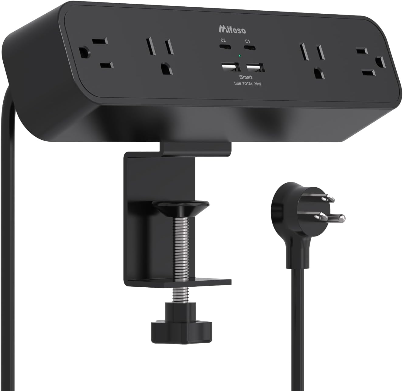 Mifaso PD30W Desk Clamp Power Strip, Surge Protector, Fast Charging Station | 4 Outlets, 4 USB (2 USB C), 5FT Extension Cord, Desk Organizer Gaming Accessories Office Essentials, Fits 1.96" Tabletop Edge