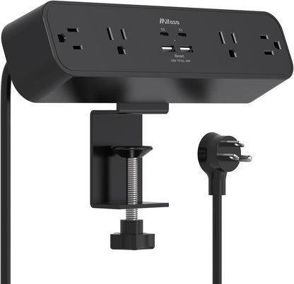 Mifaso PD30W Desk Clamp Power Strip, Surge Protector, Fast Charging Station | 4 Outlets, 4 USB (2 USB C), 5FT Extension Cord, Desk Organizer Gaming Accessories Office Essentials, Fits 1.96" Tabletop Edge