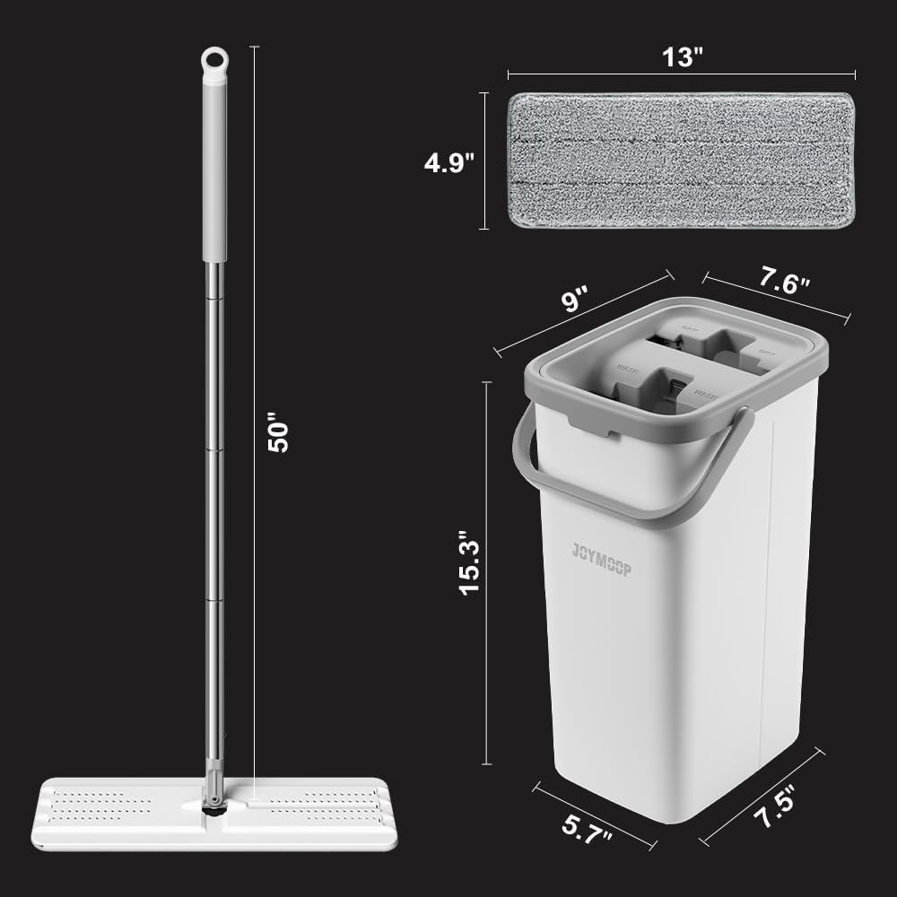 JOYMOOP Mop and Bucket with Wringer Set, Hands Free Flat Floor Mop and Bucket, 60" Mop with 3 Reusable Microfiber Pads, Wet and Dry Use, Floor Cleaning System