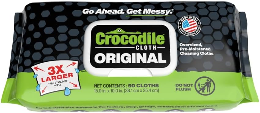 Crocodile Cloth Original Cleaning Wipes, Heavy-Duty Multi-Surface Hand & Tool Wipes, Water-Based, Safe on Skin, 100 Count, 15 x 10 Inch