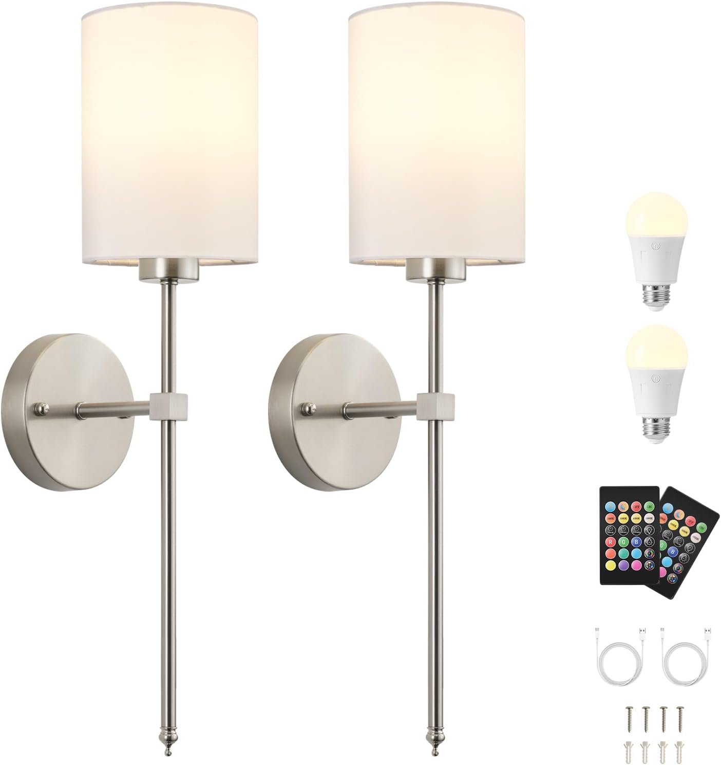 Battery Operated Wall Sconces Set of Two,Wireless Rechargeable Wall Light With Remote Control, Dimmable, Amber Light/Warm White/Natural White/Daylight/RGB, Timer,for Living Room,Bedroom,Entryway,Gold