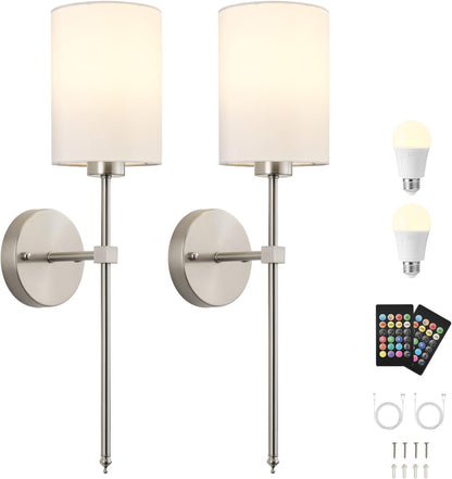 Battery Operated Wall Sconces Set of Two,Wireless Rechargeable Wall Light With Remote Control, Dimmable, Amber Light/Warm White/Natural White/Daylight/RGB, Timer,for Living Room,Bedroom,Entryway,Gold