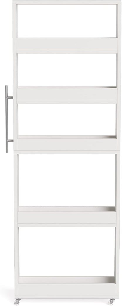 LITTLE TREE 63-Inch Slim Storage Cart on Wheels, 5-Tier Tall Narrow Mobile Shelf Organizer, Rolling Utility Cart with Metal Handle for Kitchen, Dining Room, Small Spaces, White