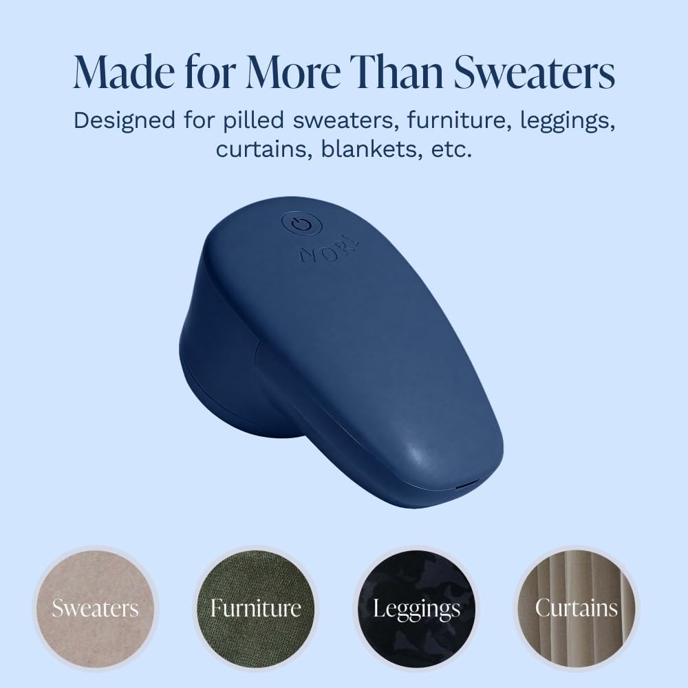Nori Trim Fabric Shaver - Lint Remover for Clothes & Furniture Couch Pilling - Sweater Pill Remover - Clothes Shaver with 6 Precision Blades - Wireless and Rechargeable - White