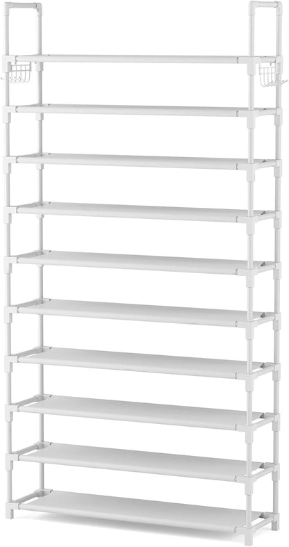 VTRIN 10 Tiers Tall Shoe Rack Holds 20-25 Pairs of Shoes Sturdy Vertical Shoe Organizer with 18pcs Hooks Stackable Narrow Shoe Rack for Closet, Entryway Black