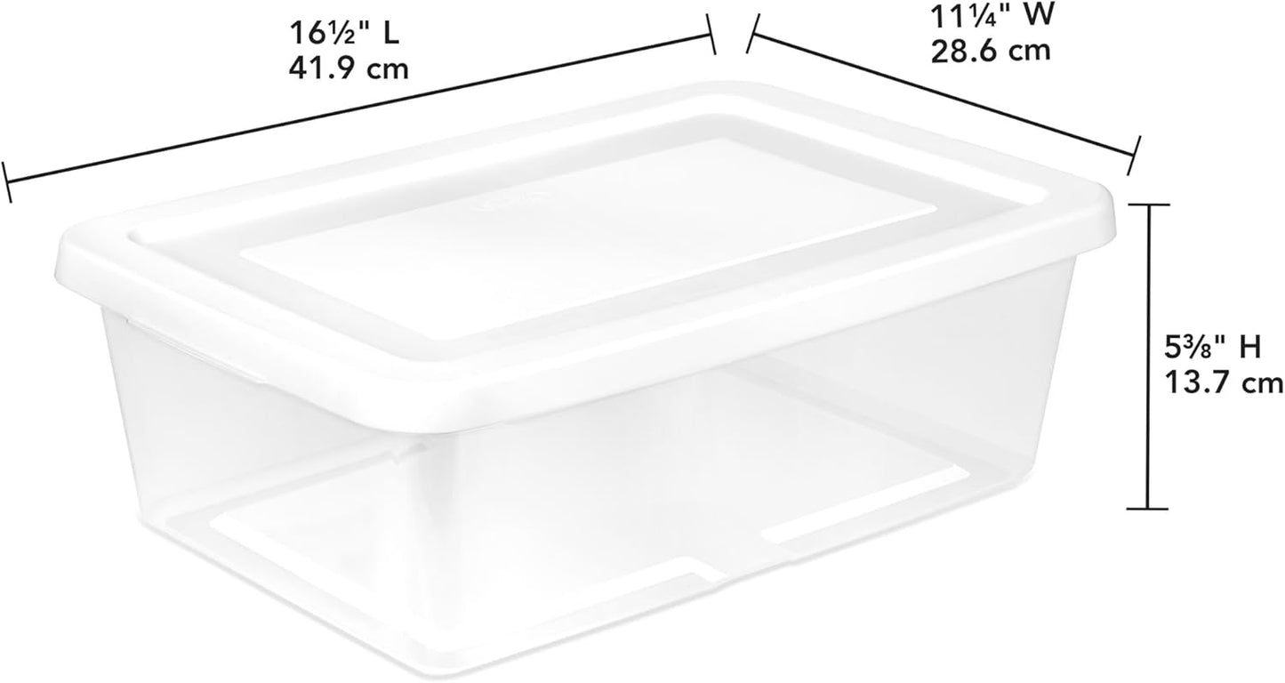 Sterilite 6 Pack Storage Box, 41 Quart Stackable Tote, Clear Plastic Container with Secure Snapping White Lids for Home and Office Organization