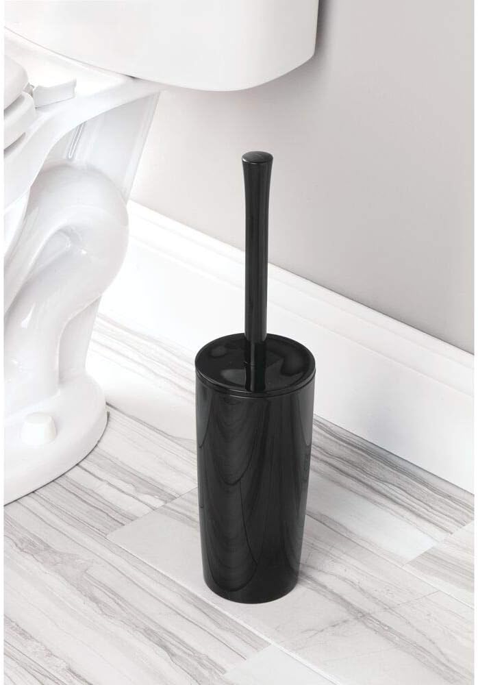 mDesign Slim Plastic Toilet Bowl Brush and Holder Set, Modern Compact Storage Organizer Cleaner Scrubber for Toilet - Heavy Duty Cleaning Plunger for Bathroom, Aura Collection - White