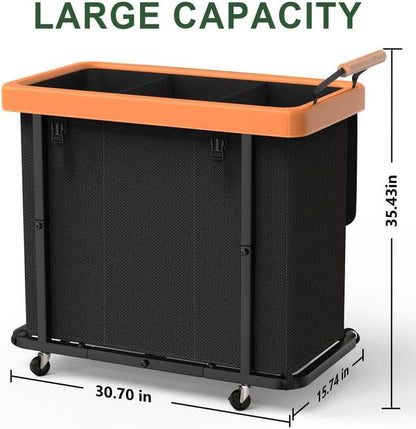 230L (60 Gal) Extra Large Fashion Laundry Sorter 3 Section with Lid, Rolling Laundry Basket Hamper with Handle, Laundry Organizer Storage Cart with Sturdy Metal Frame for Laundry Room, Hotel, White