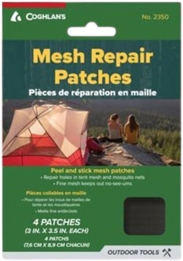 Coghlan's Mesh Repair Patches – Peel & Stick Tent Screen Restore Kit – 4 Piece Self-Adhesive Fine Net for Mosquito Netting, Bug Screens & Camping Gear – No Sewing, Cut-to-Size – 3" x 3.5"