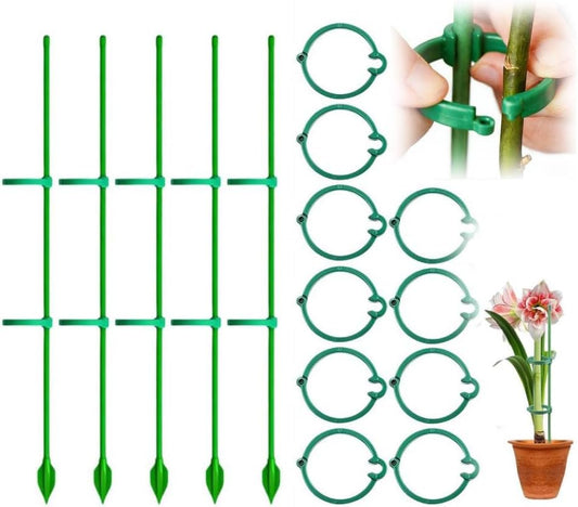 5Pcs Plant Stakes - Adjustable Length Plant Support Stake,with 10Pcs 360 °Rotating Buckle,for Indoor Outdoor,for Medium and Large Tomato Orchid Potted Plants Flower Support Rod