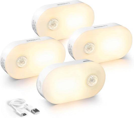 Lyridz Rechargeable Battery Night Light with Motion Sensor, Stick on Anywhere, 1-20LM Dimmable LED Nightlights for the Bedroom, Bathroom, Living Room, Kitchen, Stairs, Hallway, 4-Pack