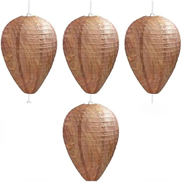 Wasp Nest Decoy 4-Pack, Yellow Paper Wasp Deterrent for Outdoor Hanging, Hornet Nest Replica to Repel Wasps from Patio and Garden