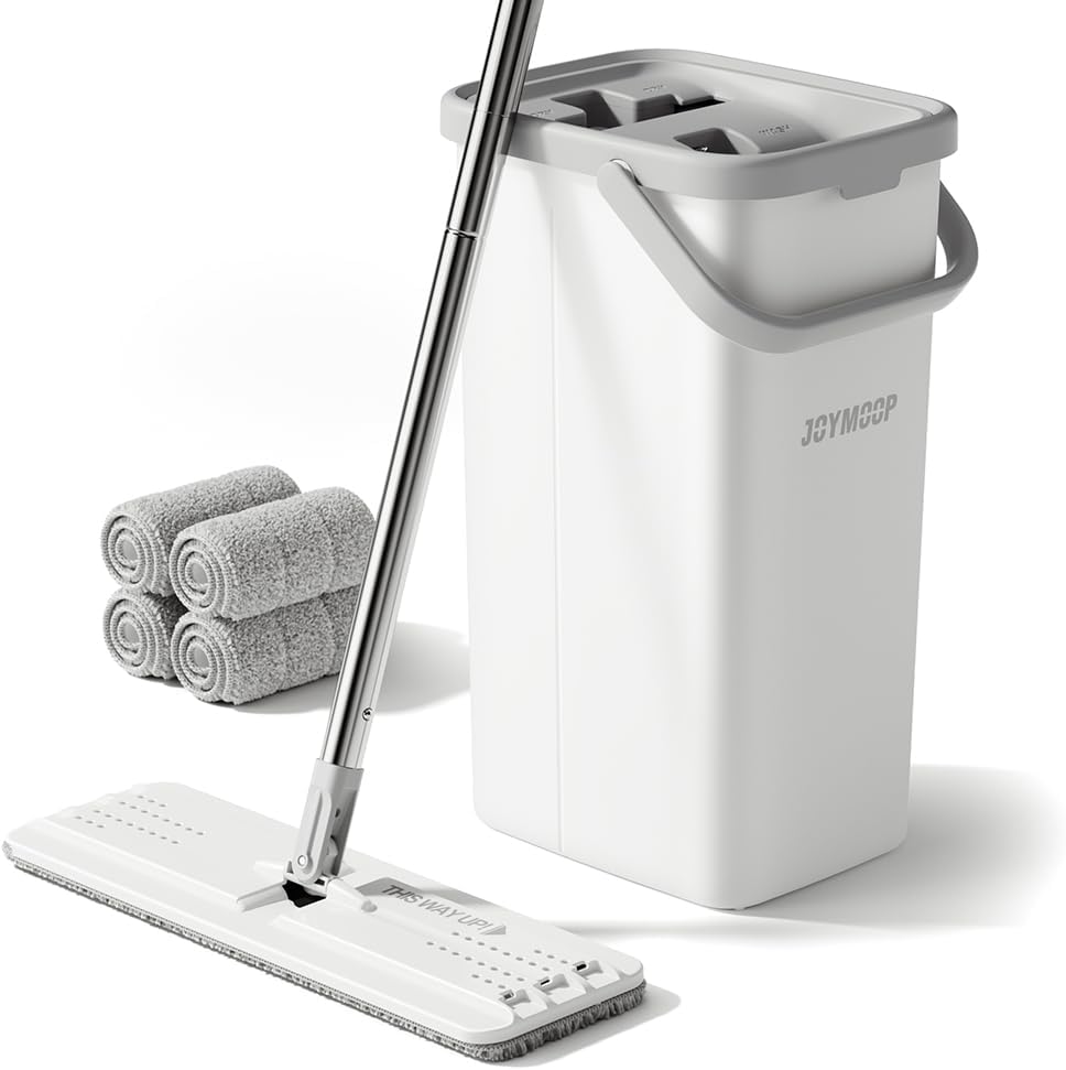 JOYMOOP Mop and Bucket with Wringer Set, Hands Free Flat Floor Mop and Bucket, 60" Mop with 3 Reusable Microfiber Pads, Wet and Dry Use, Floor Cleaning System