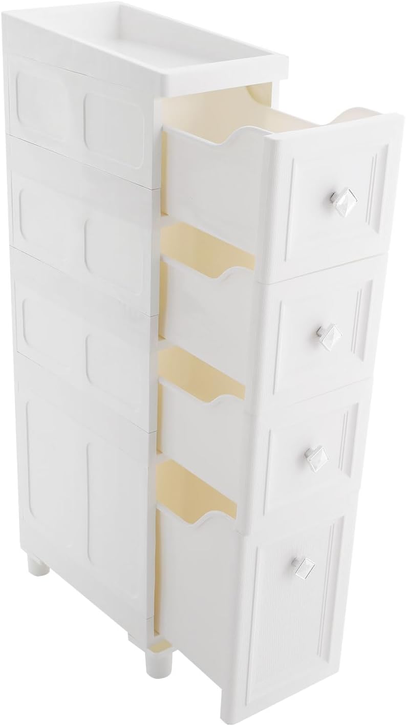 4 Drawer Narrow Floor Cabinet,4 Tier Plastic Slim Storage Cabinet with Drawers,Rolling Storage Cart with Drawers for Small Space,Bathroom,Living Room(8.7" W)